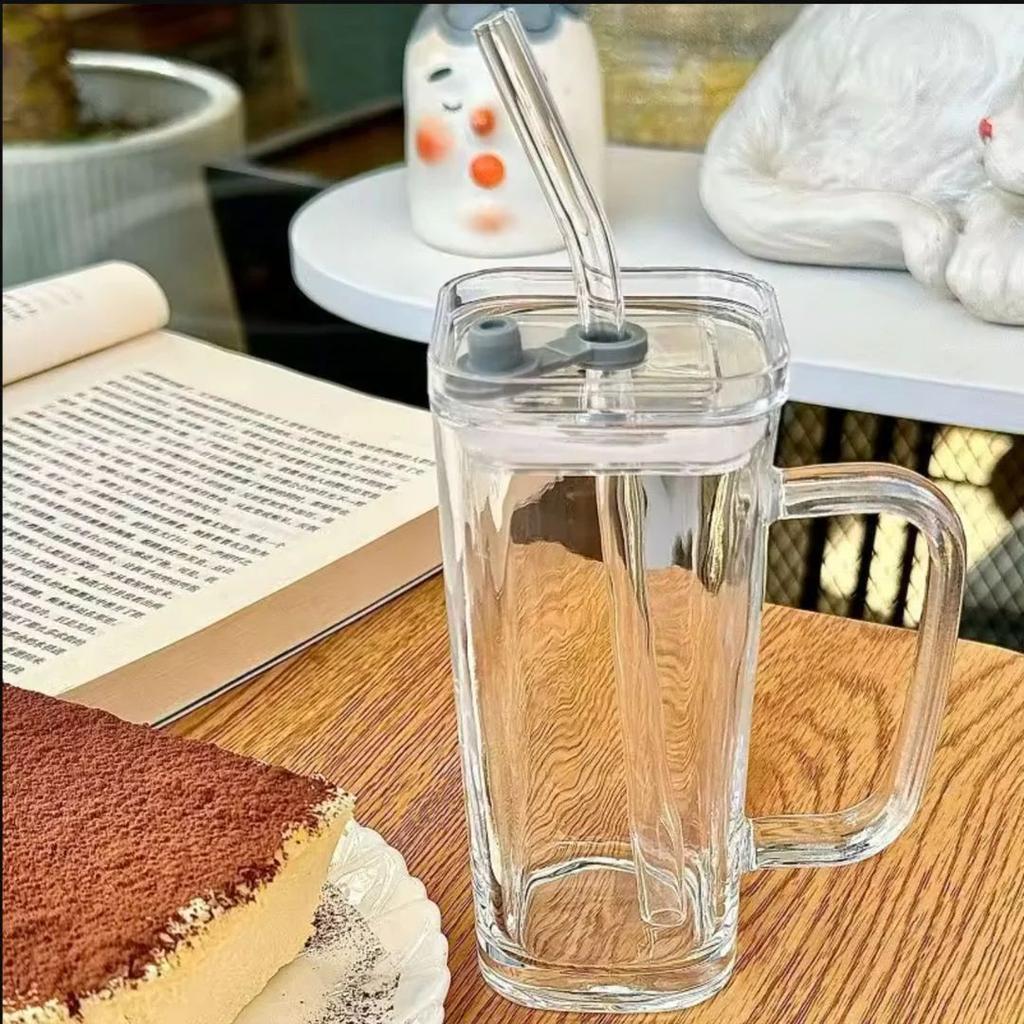 Square Glass Tumbler with Lid and Straw | Heat & Cold Resistant Drinkware — Smooth Glass