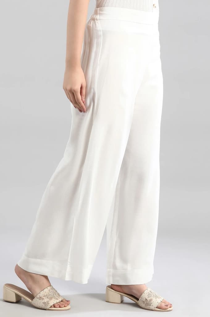 White Solid Flared Woven Palazzo With Elasticated Waistband — photo 4