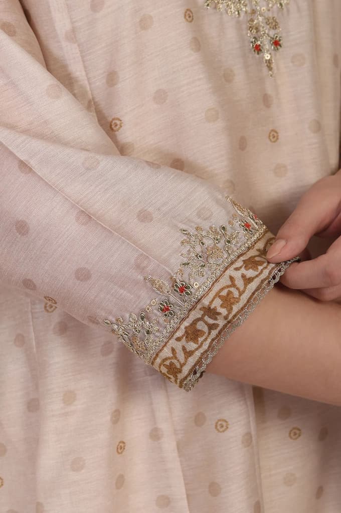 Beige Embroidered A-Line Chanderi Kurta with Straight Pant and Dupatta Set — photo 7
