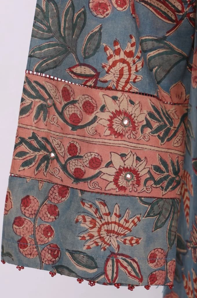 Blue Floral Printed Block Print Mirror work Pure Cotton A-line Kurta — photo 6