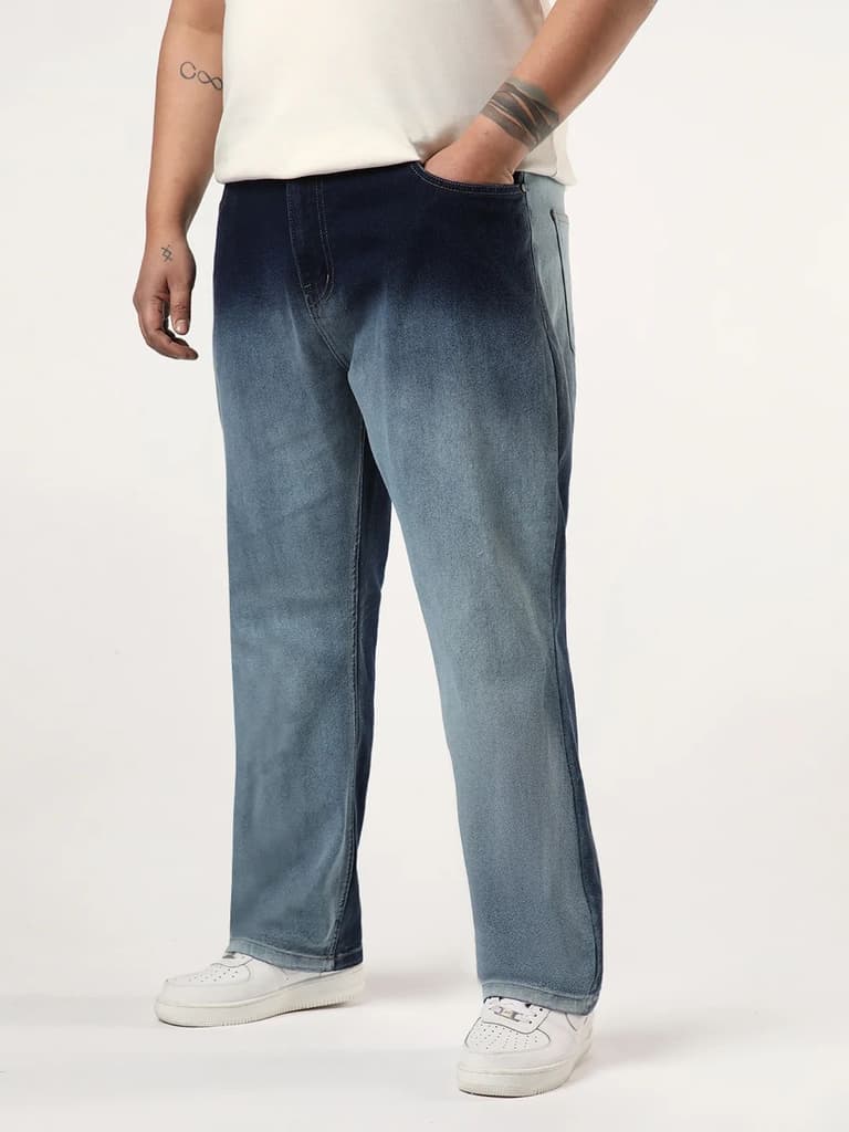 Plus Men's Dark Blue Straight Fit Heavy Washed Faded Denim Jeans Stretchable — photo 2