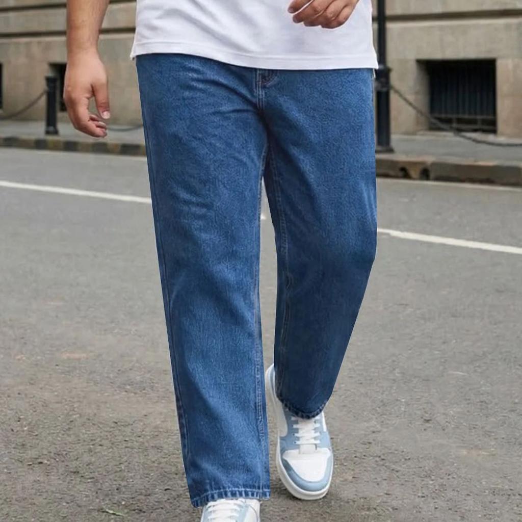 Plus Men's Light Blue Relaxed Fit Washed Denim Jeans Non-Stretchable