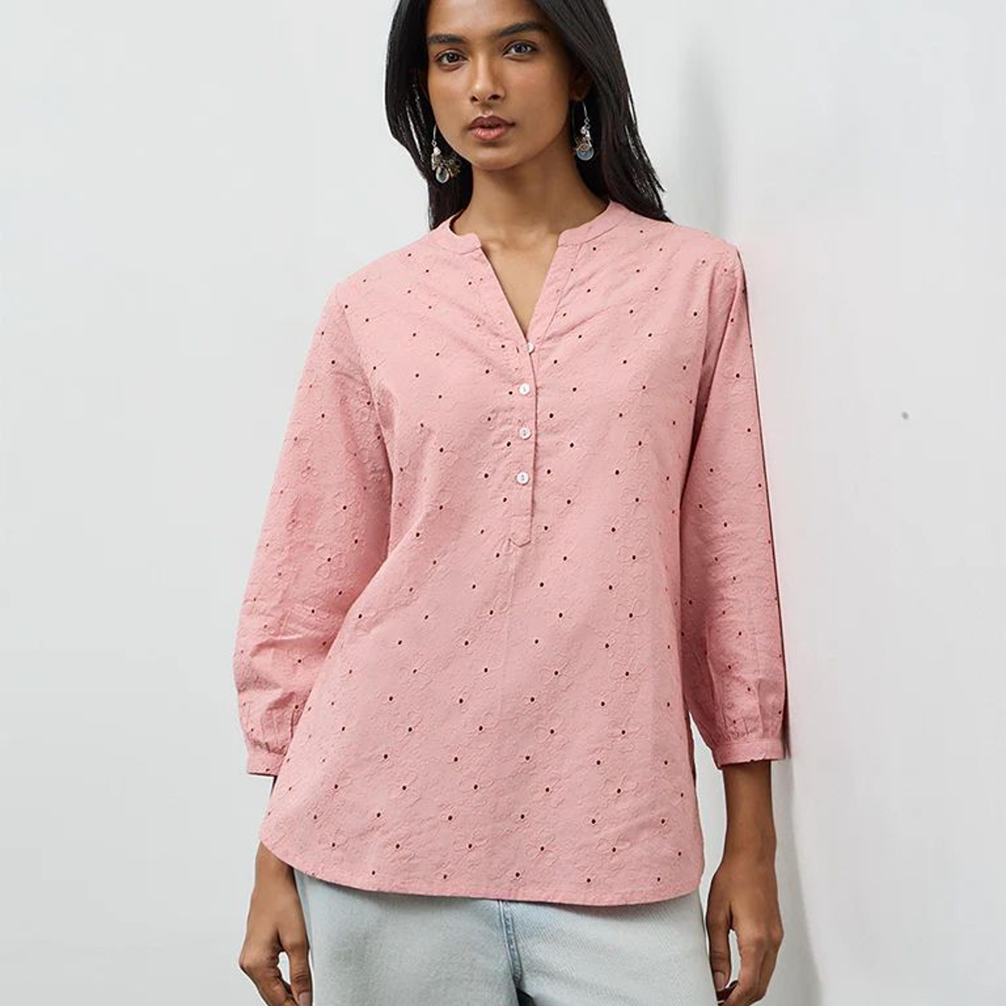 Utsa Pink Floral Embroidered Cotton Tunic