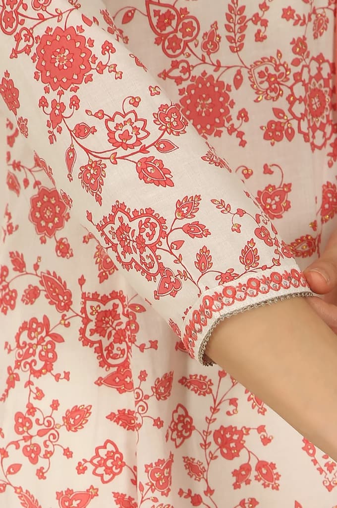 White and Orange Floral Printed Pure Cotton Flared Kurta, Pants and Dupatta Set — photo 9