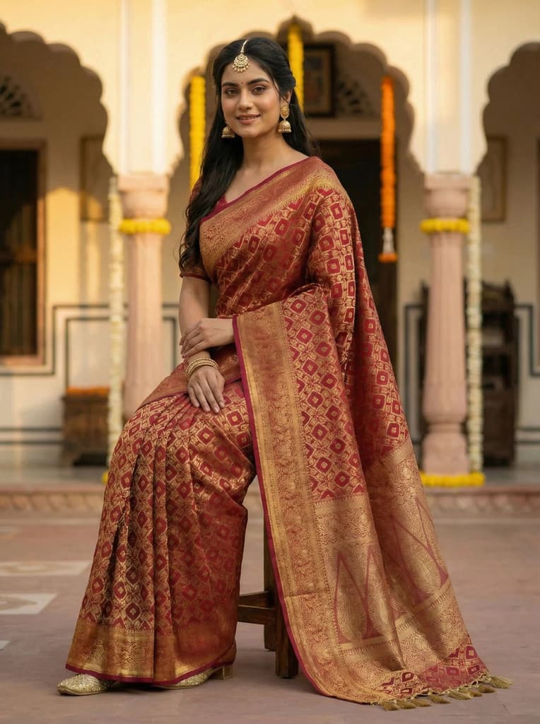 MIMOSA Women's Woven Design Banarasi Style Raw Silk Saree with Blouse Piece - Maroon ( SA00003131MRFREE ) — photo 4