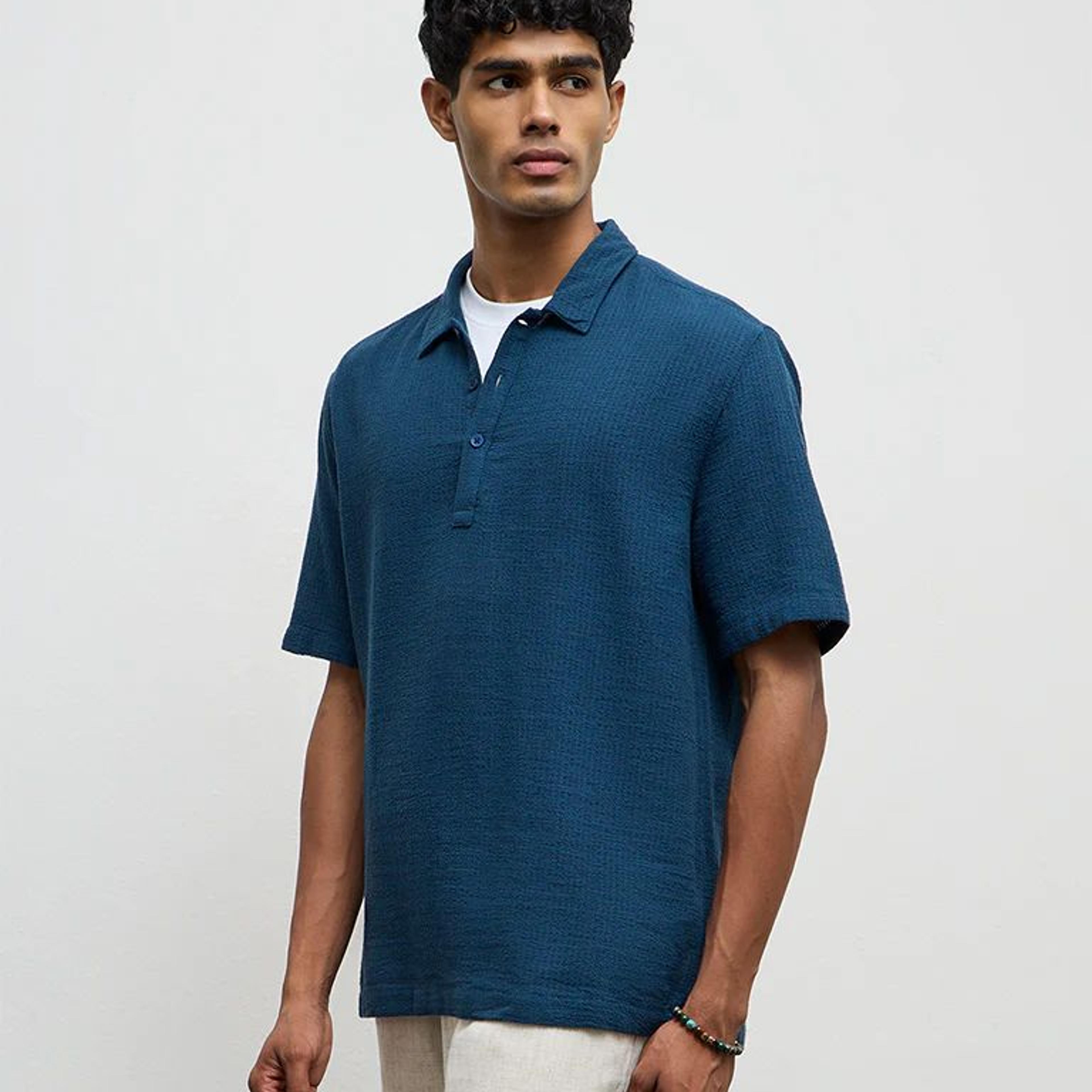 ETA Indigo Textured Relaxed-Fit Cotton Polo T-Shirt