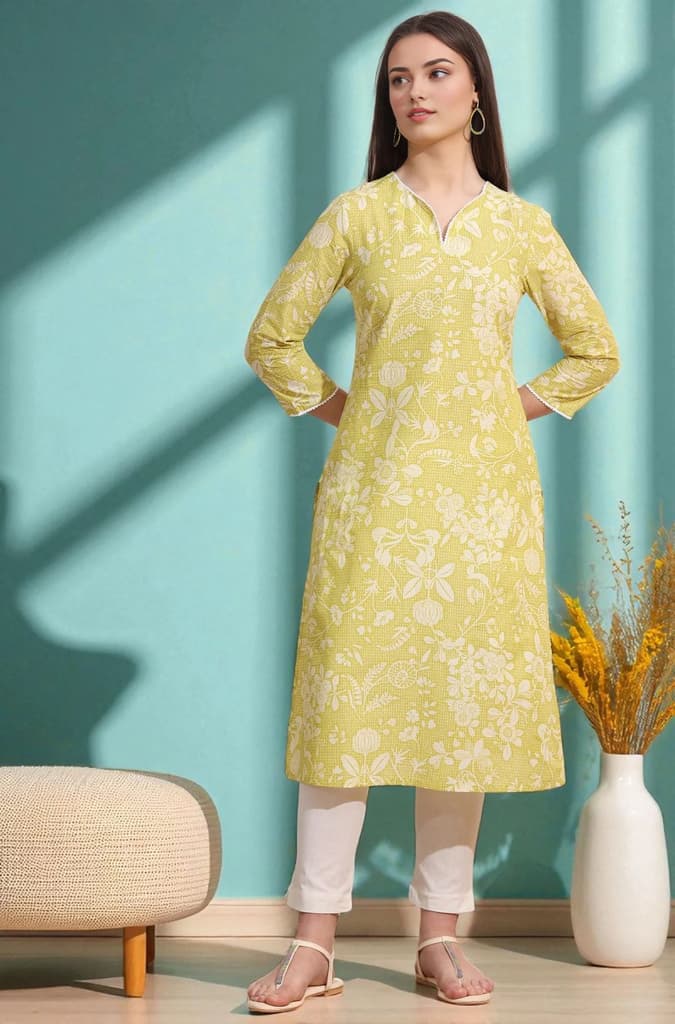 Lime Yellow Bold Floral Printed Cotton Cambric Straight Kurta — XS