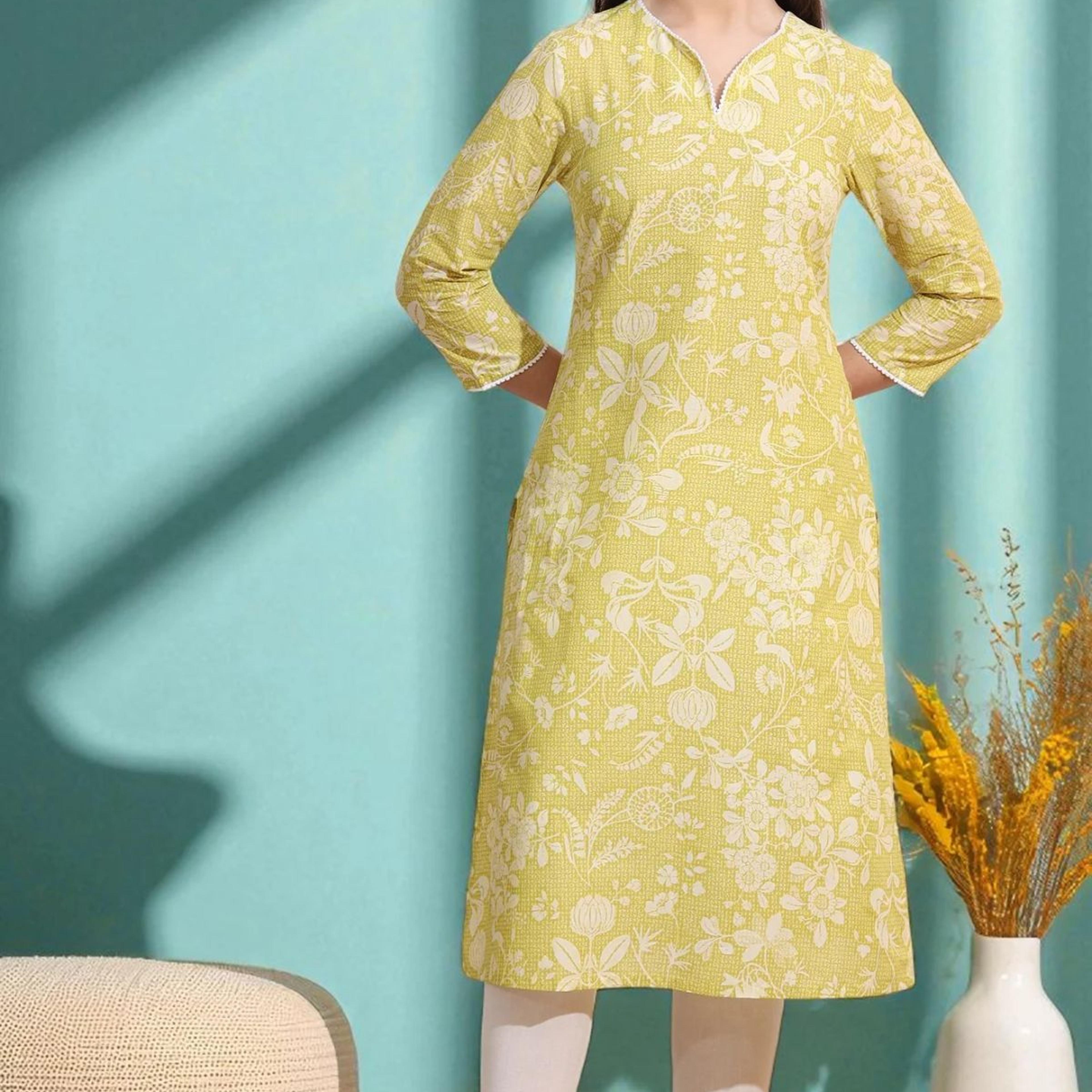 Lime Yellow Bold Floral Printed Cotton Cambric Straight Kurta