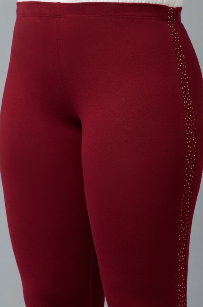 Maroon Solid Skinny Fit Cotton Tights With Elasticated Waistband — photo 6