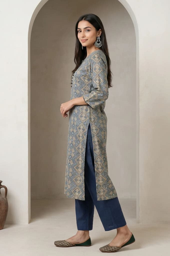 Beige Ajrak Printed Mirror Work Modal Satin Straight Kurta — photo 4