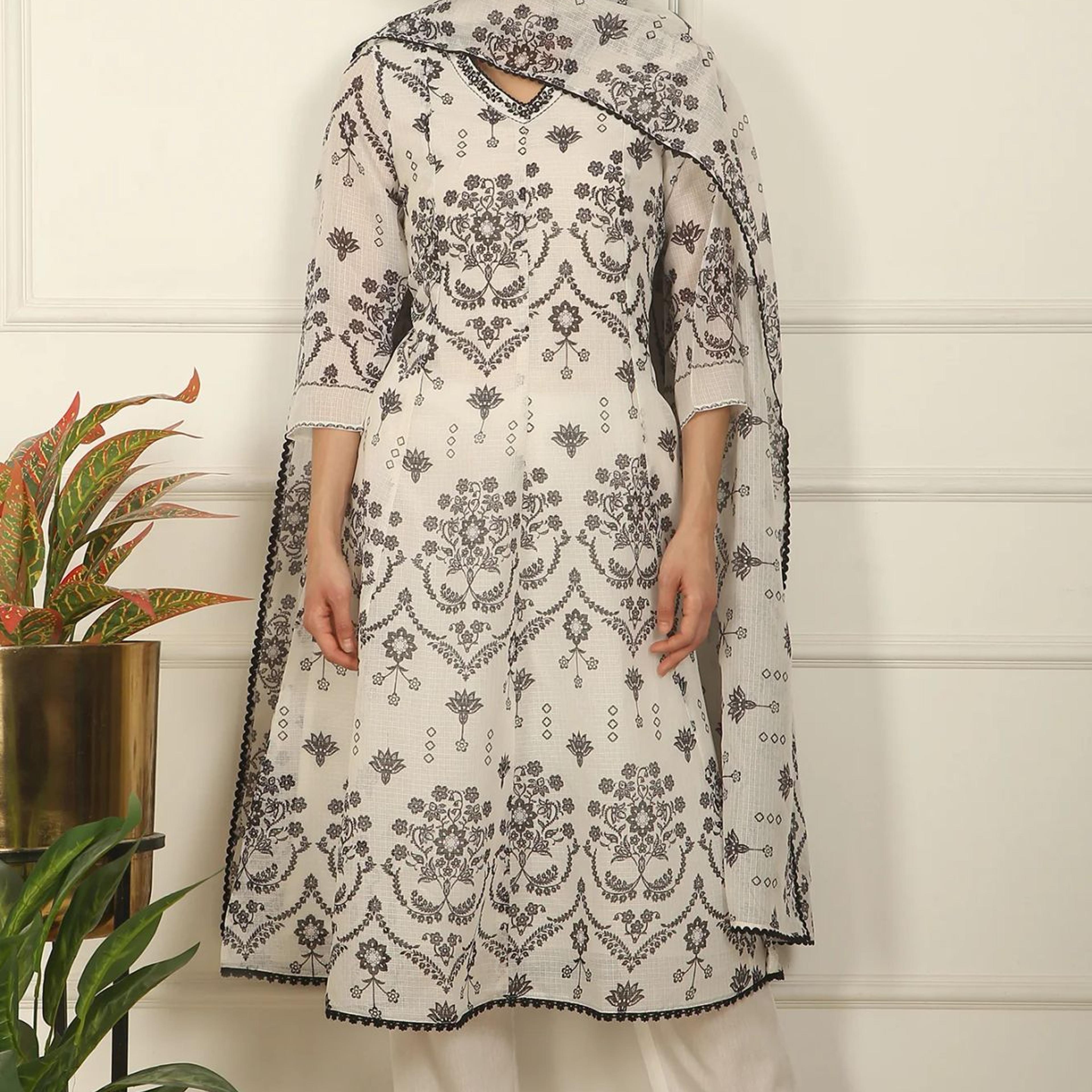 White and Black Floral Printed Kota Flared Kurta, Pants and Dupatta Set