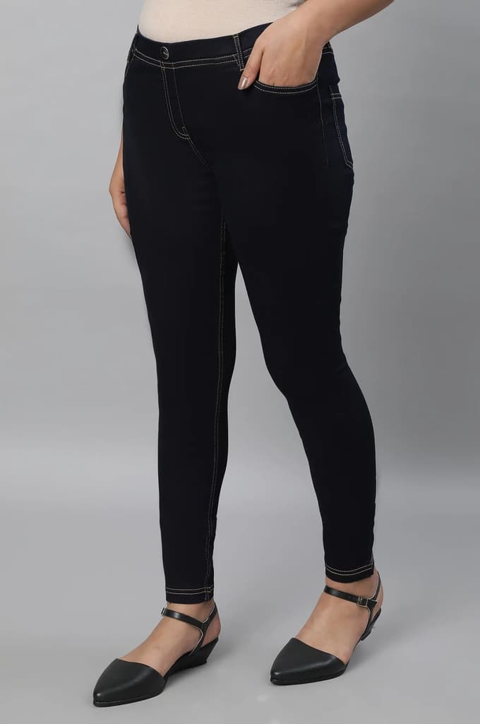 Navy Blue Solid Skinny Fit Denim Jeggings With Slip On Closure — photo 3