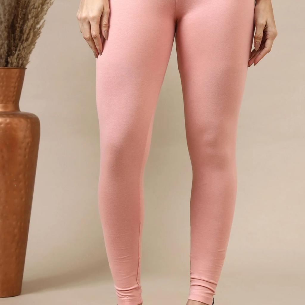 Pink Solid Skinny Fit Cotton Leggings With Slip On Closure