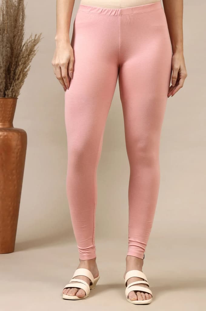 Pink Solid Skinny Fit Cotton Leggings With Slip On Closure