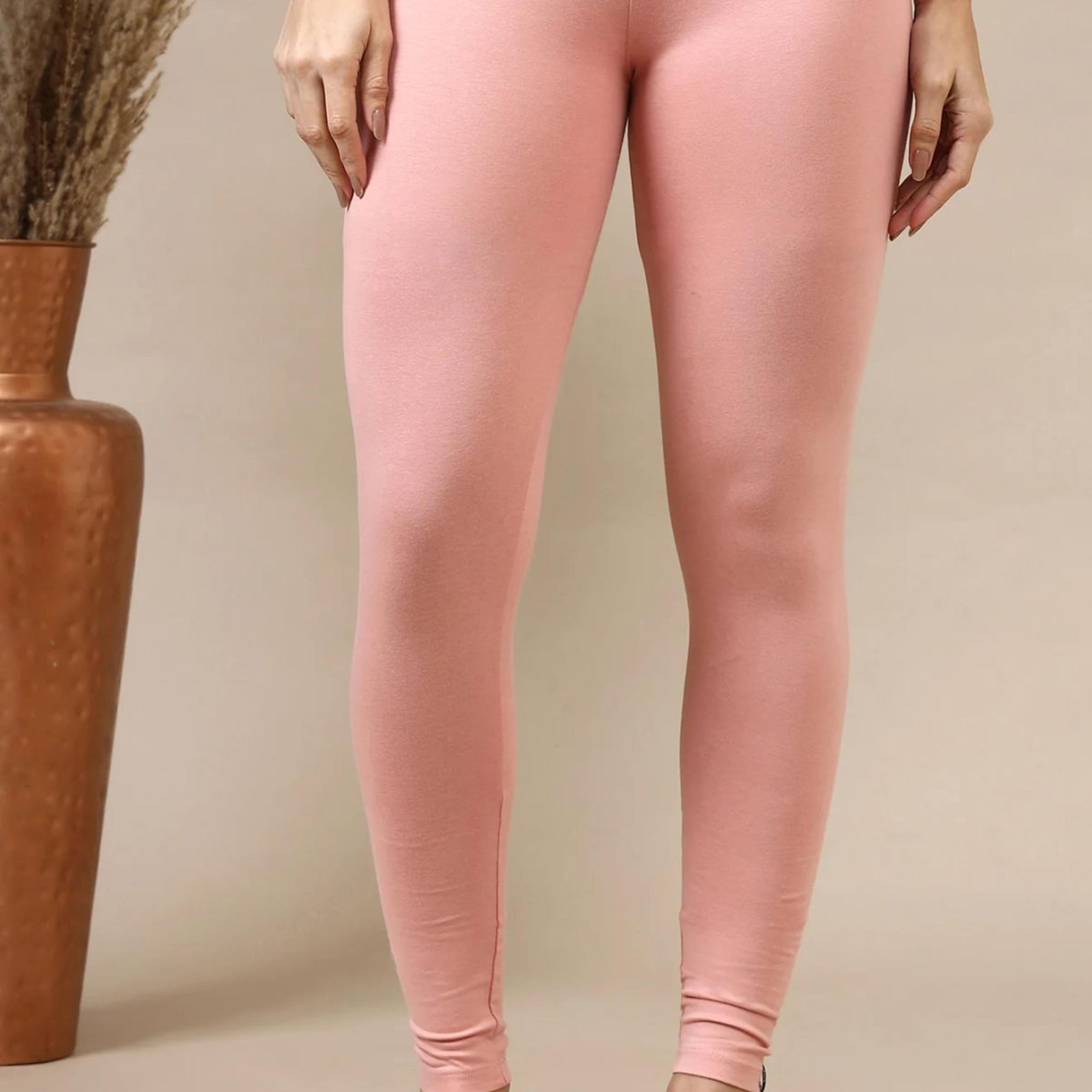 Pink Solid Skinny Fit Cotton Leggings With Slip On Closure