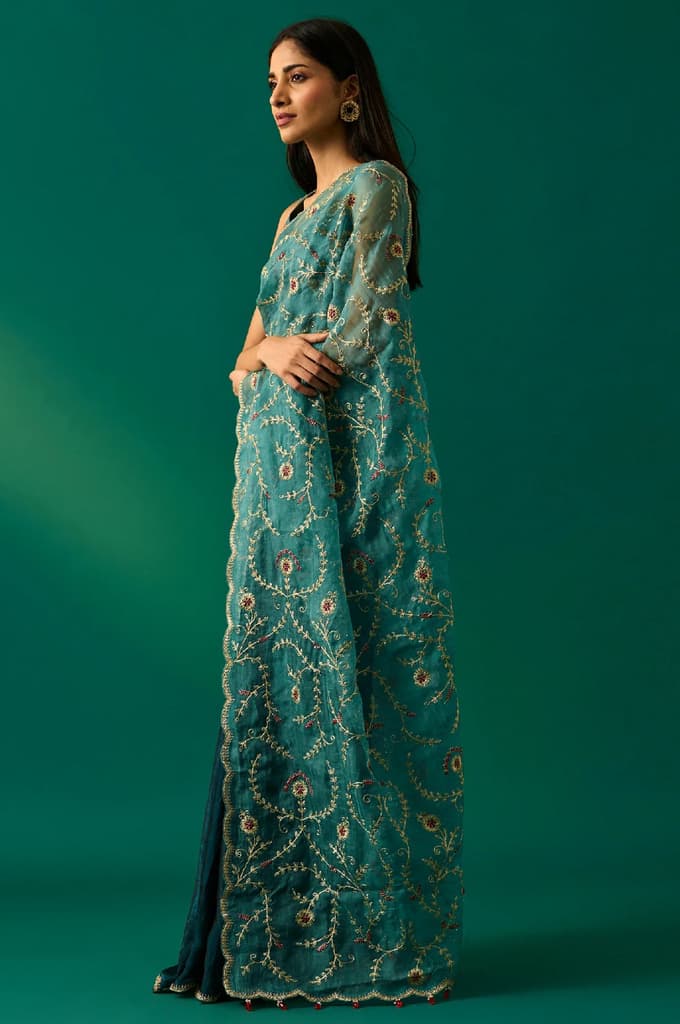 Teal Floral Embroidered Zari Work Tissue Satin Saree with Unstitched Blouse — photo 3