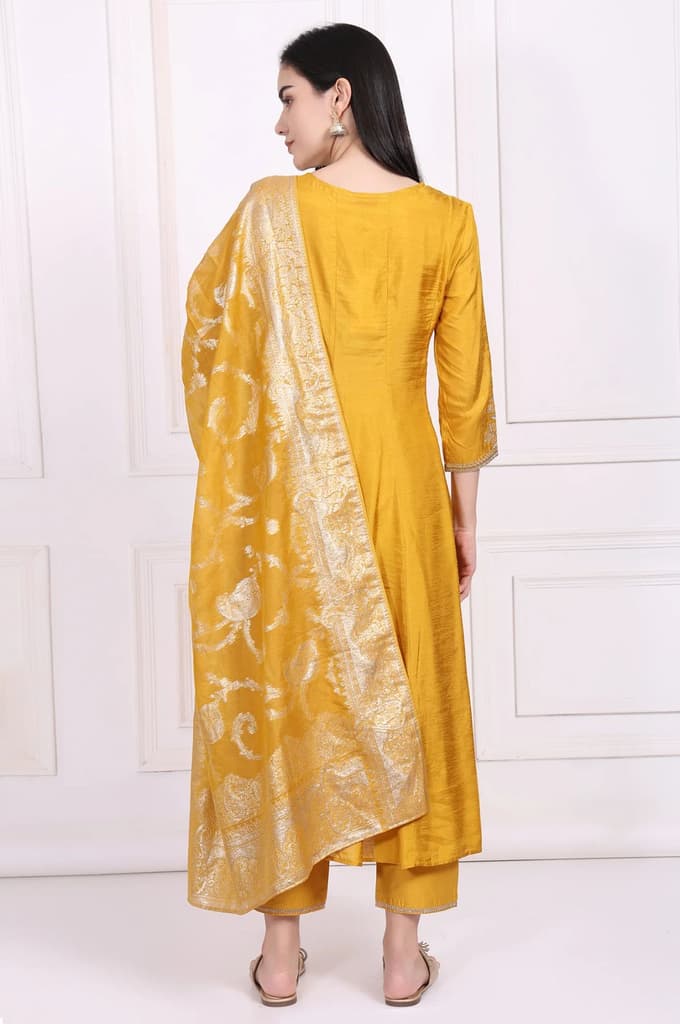 Yellow Embroidered Silk Flared Kurta, Straight Pants and Dupatta Set — photo 5