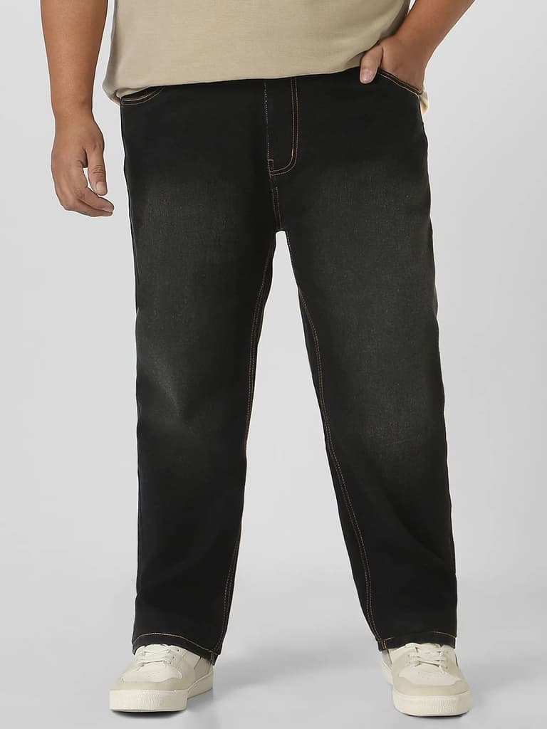 Plus Men's Black Regular Fit Washed Jeans Stretchable — photo 2