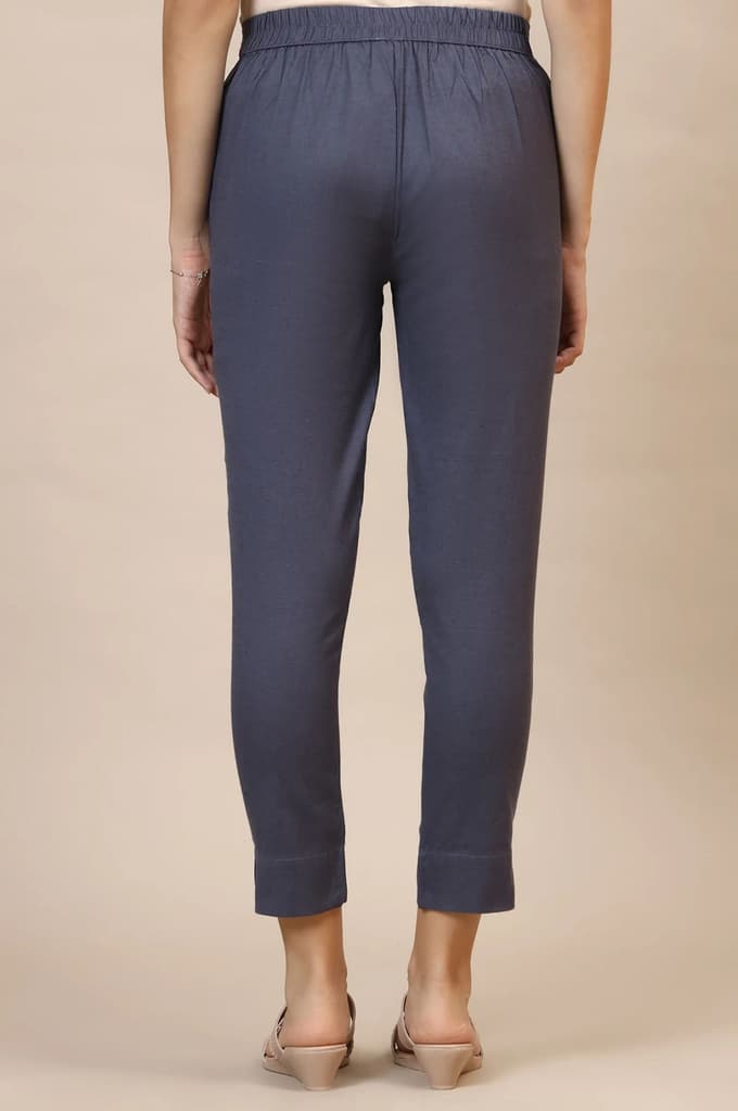 Grey Solid Slim Fit Cotton Trousers With Elasticated Waist — photo 3
