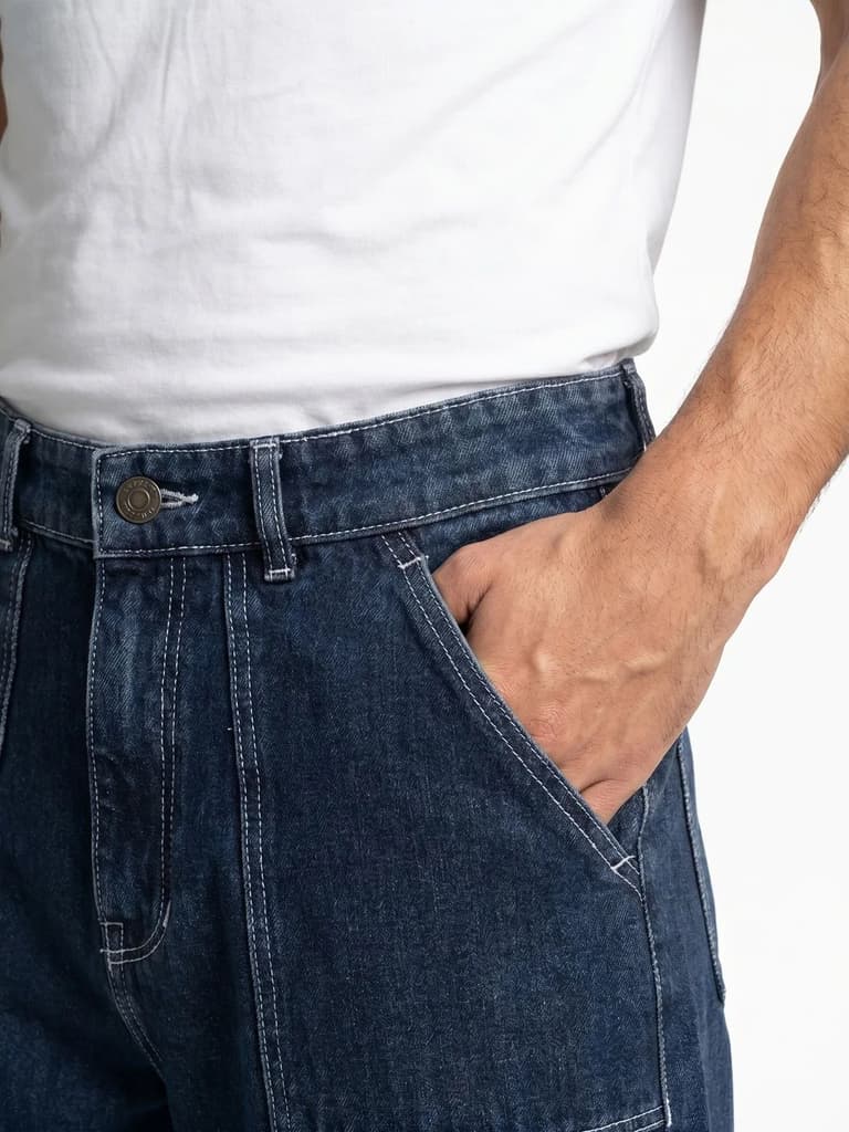 Men's Dark Blue Loose Baggy Fit Washed Denim Jeans Non-Stretchable — photo 5