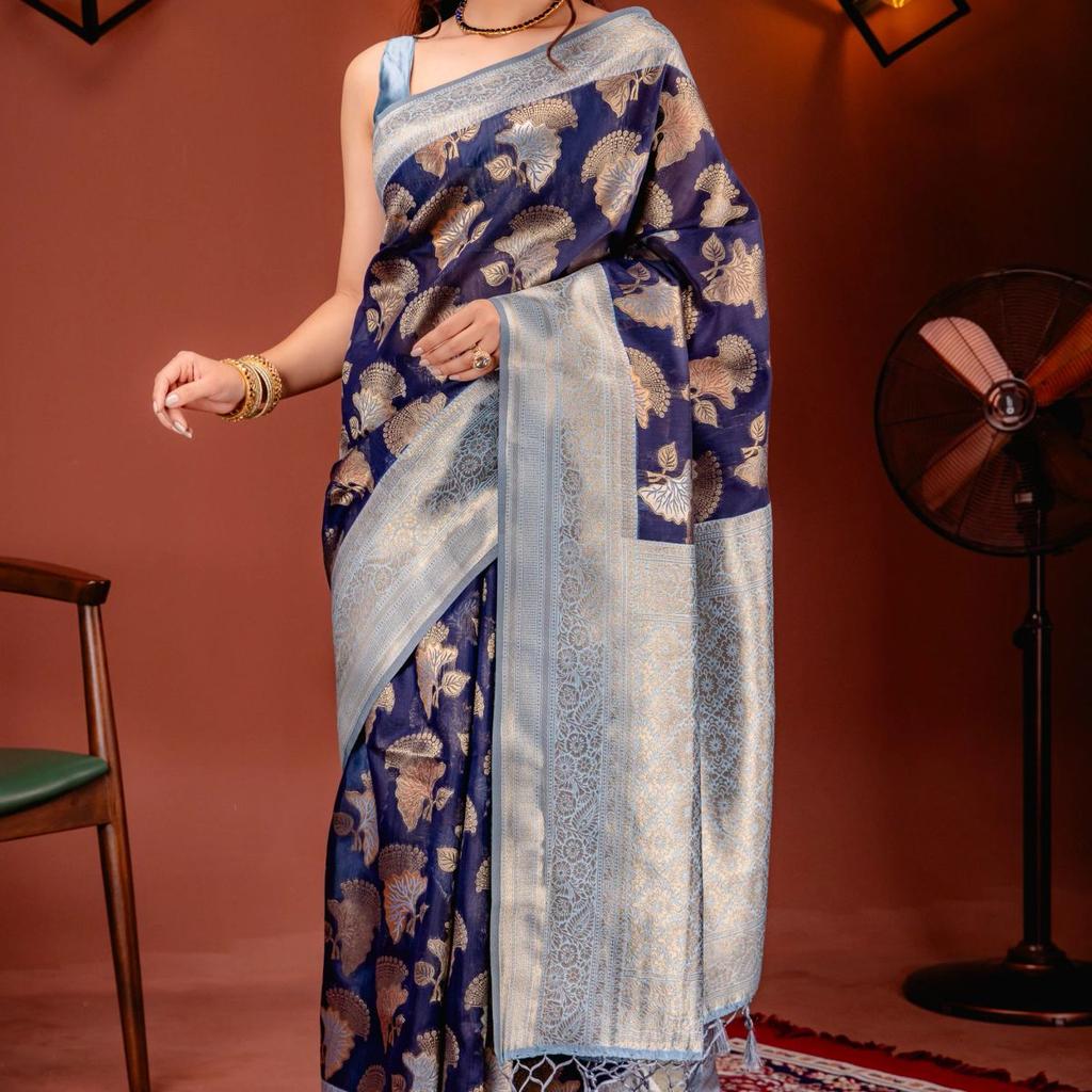 Mimosa Women's Woven Design Kanjivaram Style Art Silk Saree With Blouse Piece : SA00001735NVFREE