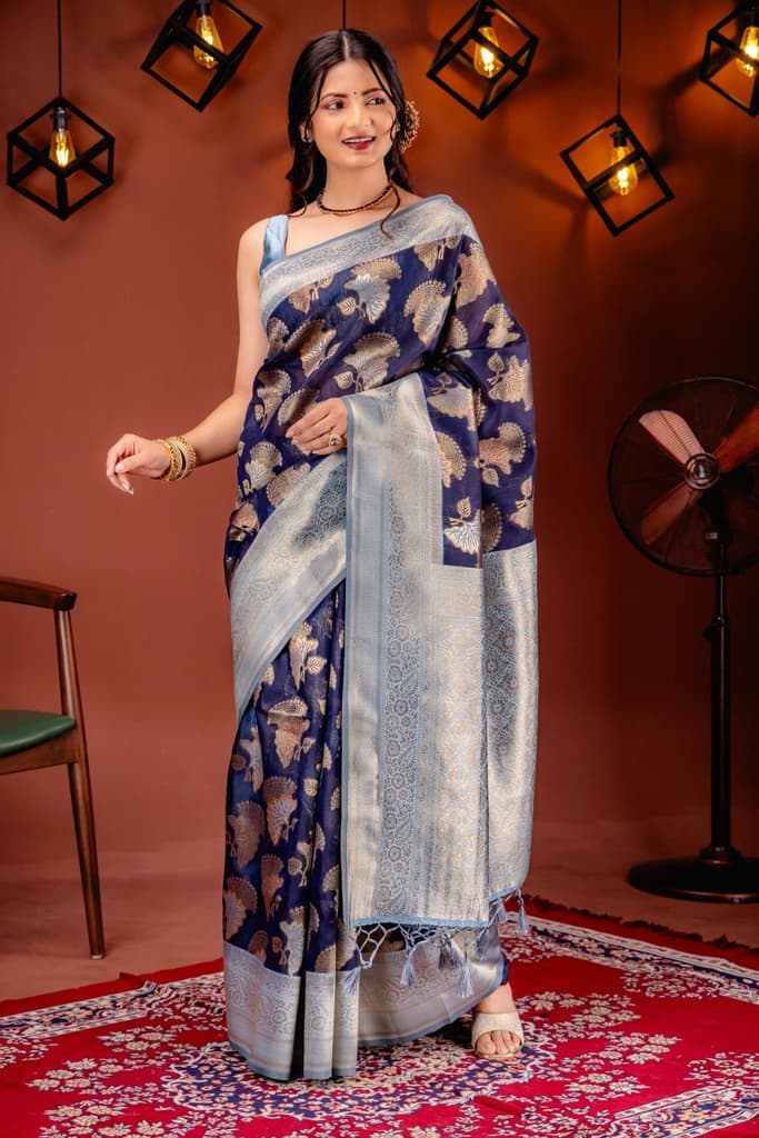 Mimosa Women's Woven Design Kanjivaram Style Art Silk Saree With Blouse Piece : SA00001735NVFREE — Navy