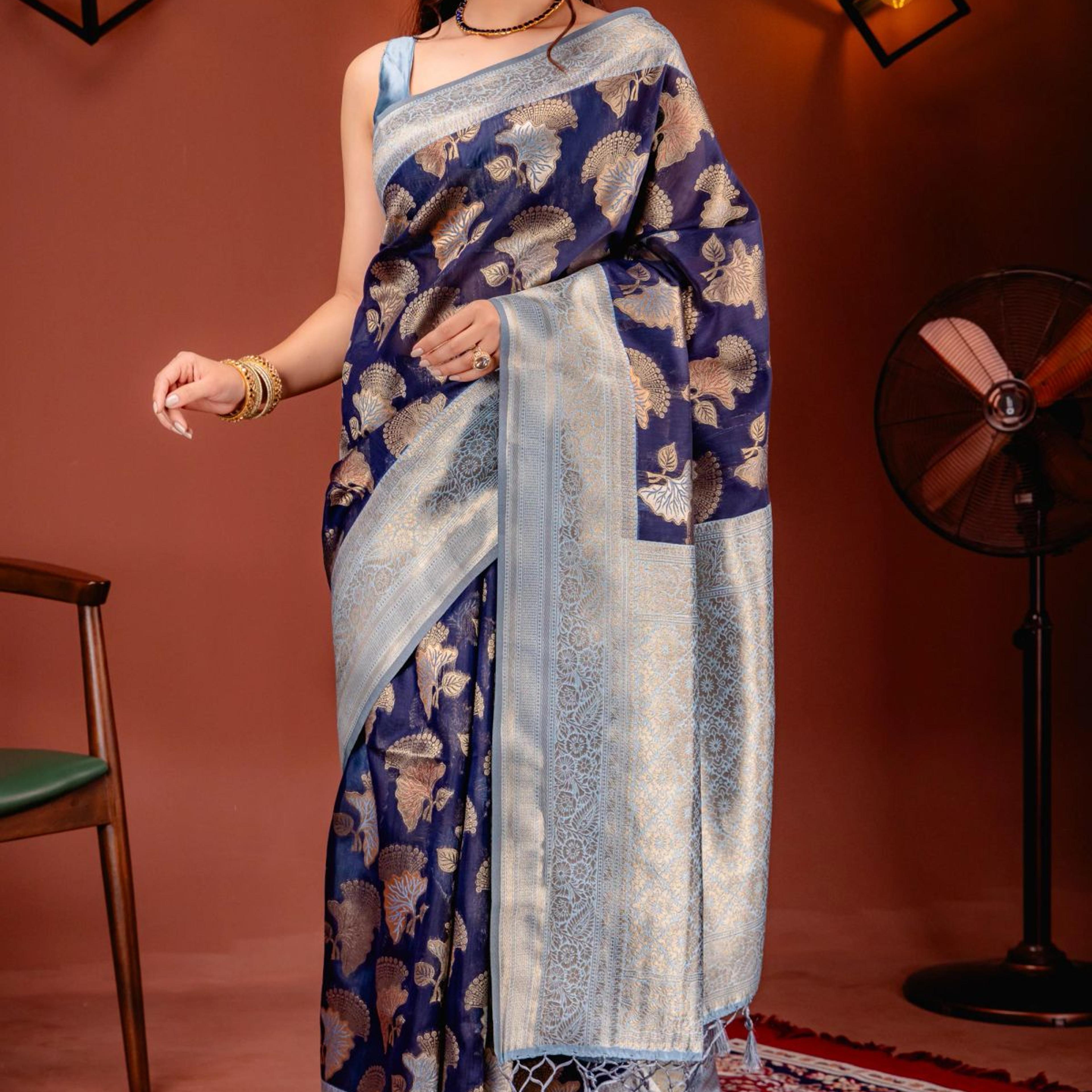 Mimosa Women's Woven Design Kanjivaram Style Art Silk Saree With Blouse Piece : SA00001735NVFREE