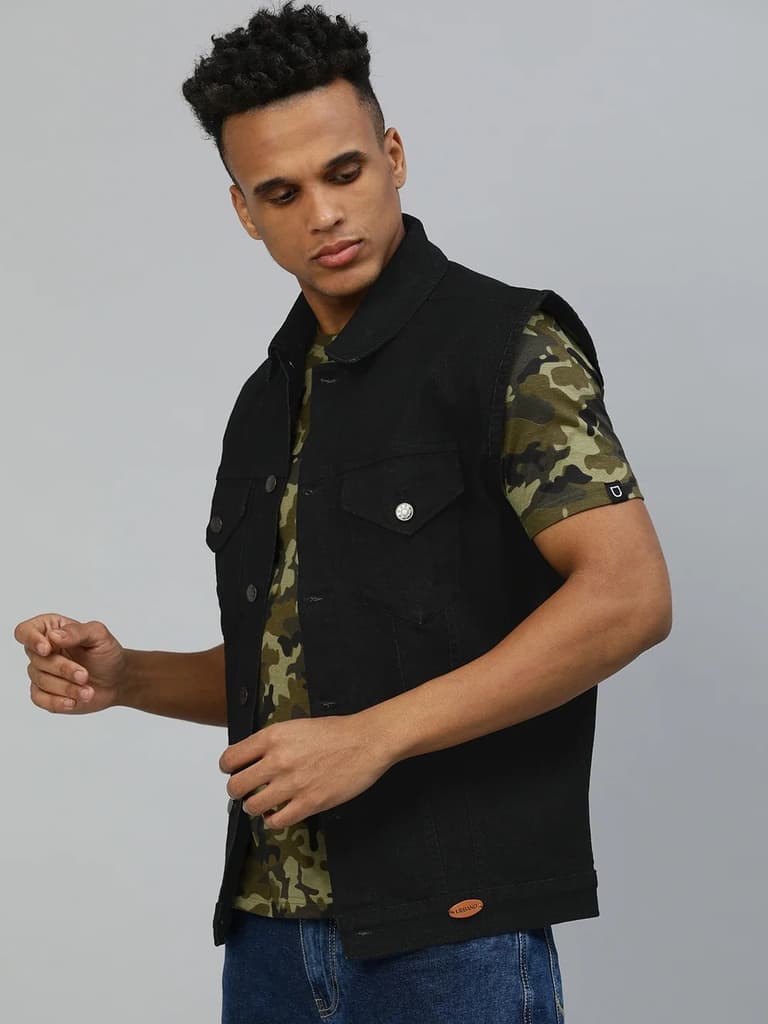 Men's Black Slim Fit Washed Sleeveless Denim Jacket — photo 3
