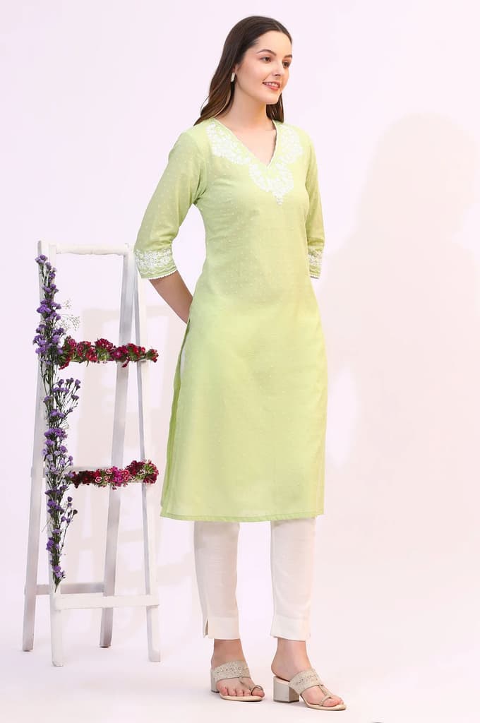 Pistachio Green Mirror Work Pure Cotton Straight Kurta — photo 7