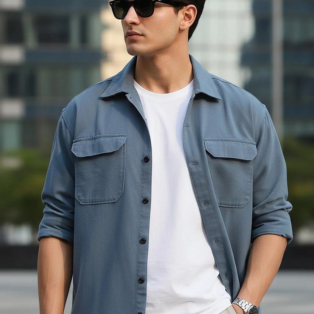 Men's Blue Cotton Full Sleeve Relaxed Fit Shacket with Utility Pockets
