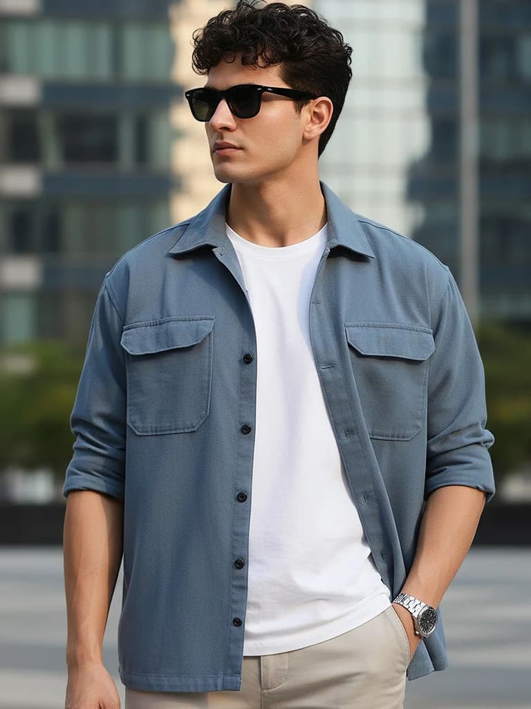 Men's Blue Cotton Full Sleeve Relaxed Fit Shacket with Utility Pockets — S / Blue