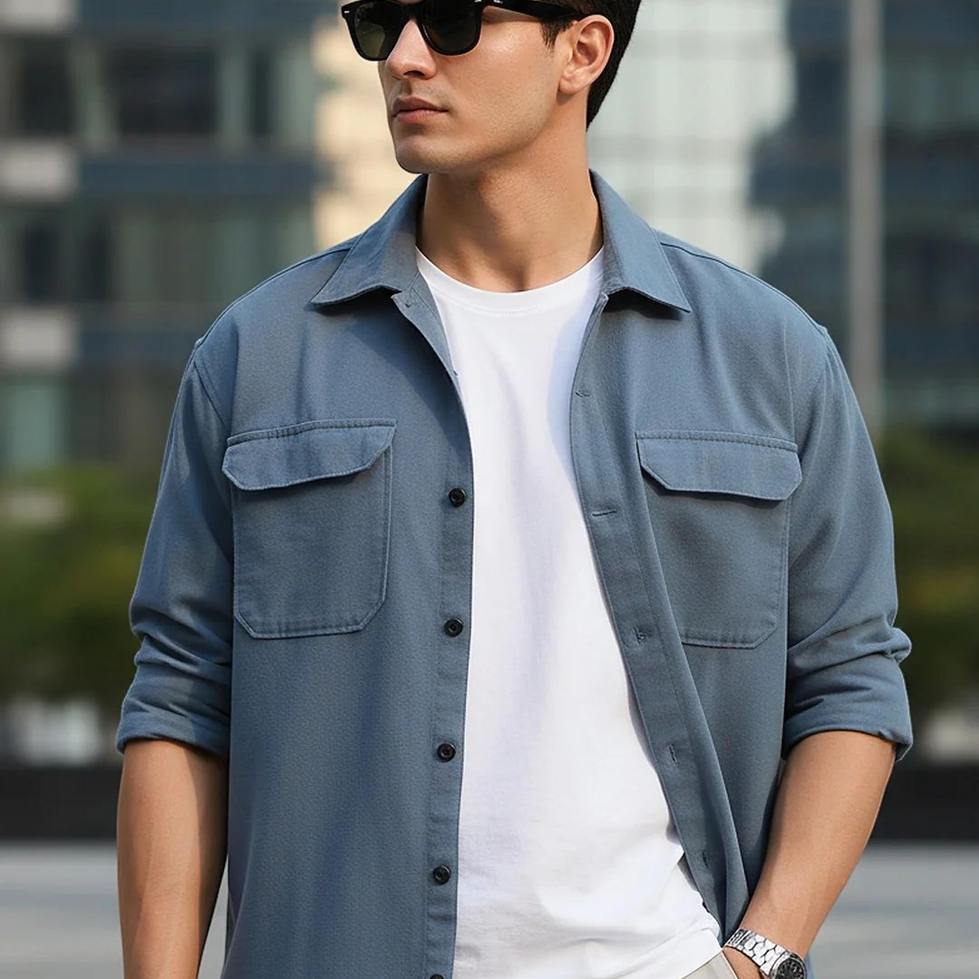 Men's Blue Cotton Full Sleeve Relaxed Fit Shacket with Utility Pockets