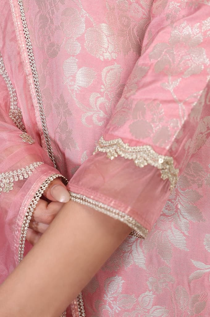Pink Zari Jacquard Straight Kurta with Sharara and Dupatta Set — photo 9