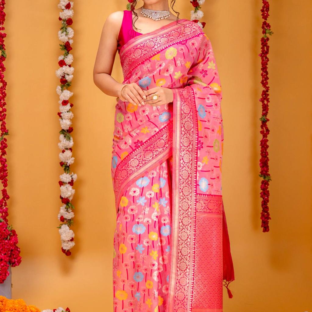Mimosa Women's Woven Design Repated Style Art Silk Saree With Blouse Piece : SA00001583PNKFREE