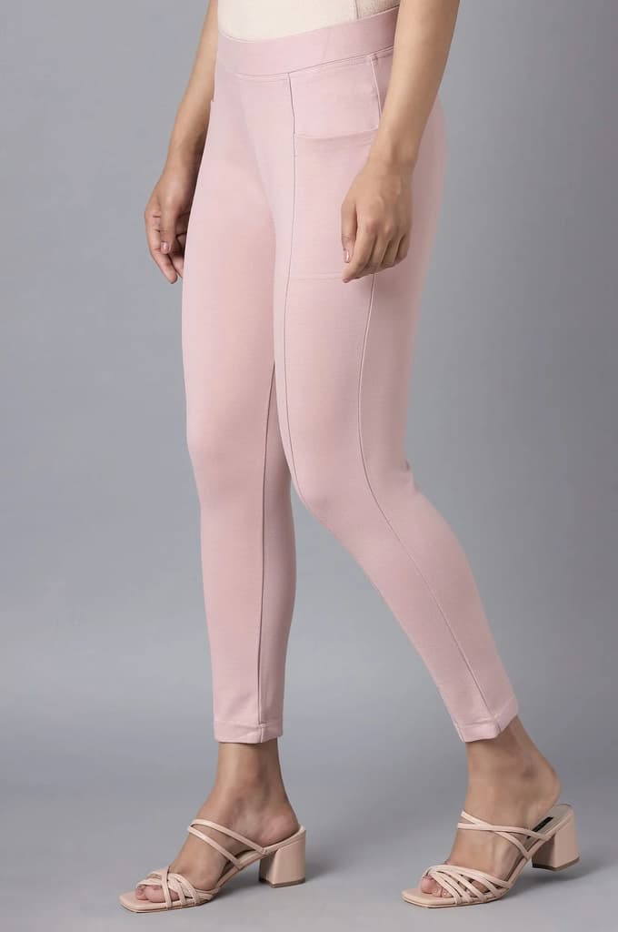 Pink Solid Straight Fit Tights With Elasticated Waist — photo 3