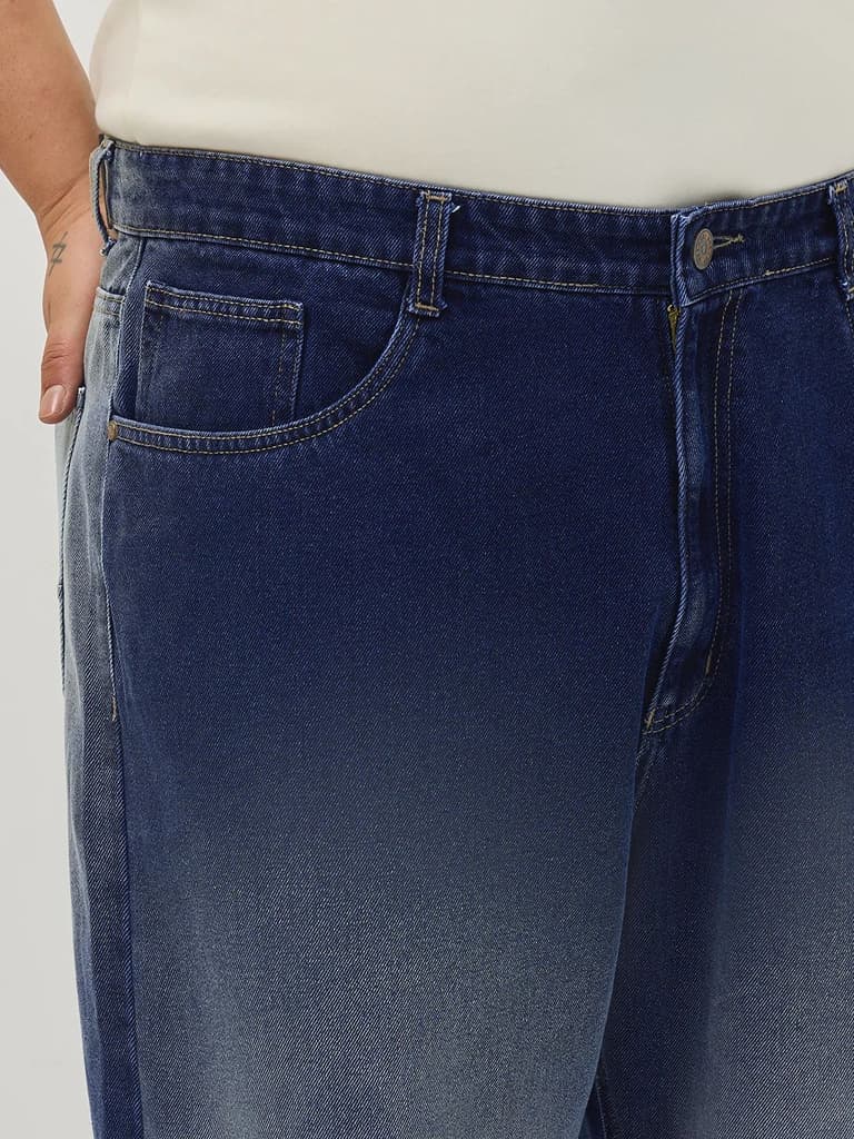 Plus Men's Dark Blue Loose Baggy Fit Heavy Washed Faded Denim Jeans Non-Stretchable — photo 5