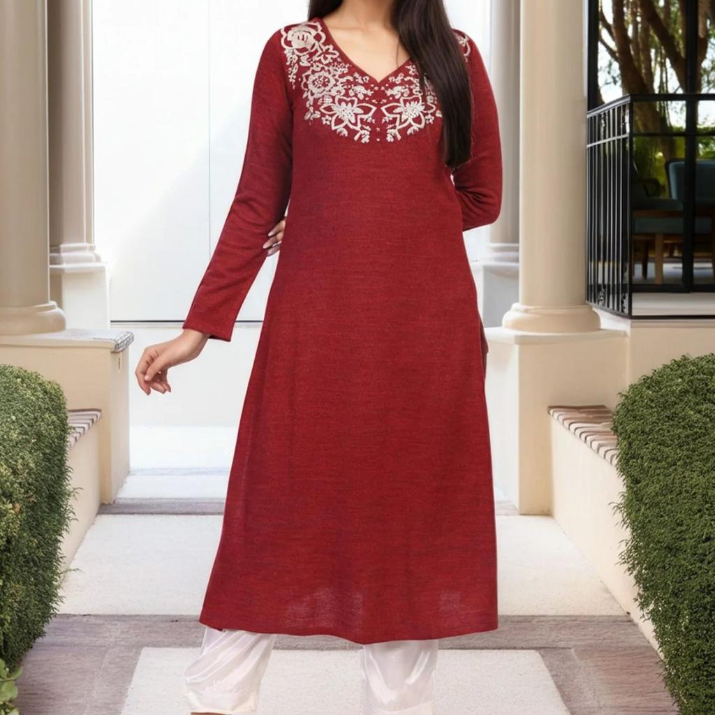 Maroon Embroidered A-Line Acrylic Winter Kurta