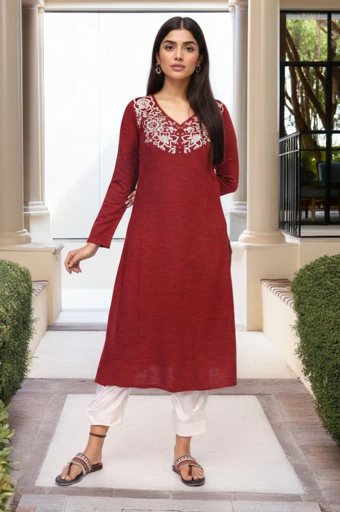 Maroon Embroidered A-Line Acrylic Winter Kurta — XS