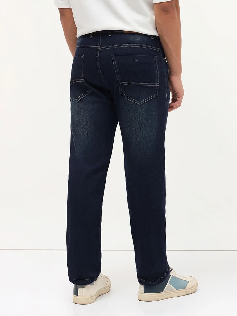 Men's Dark Blue Regular Fit Whisker Wash Yellow Tint Denim Jeans Stretchable — photo 4