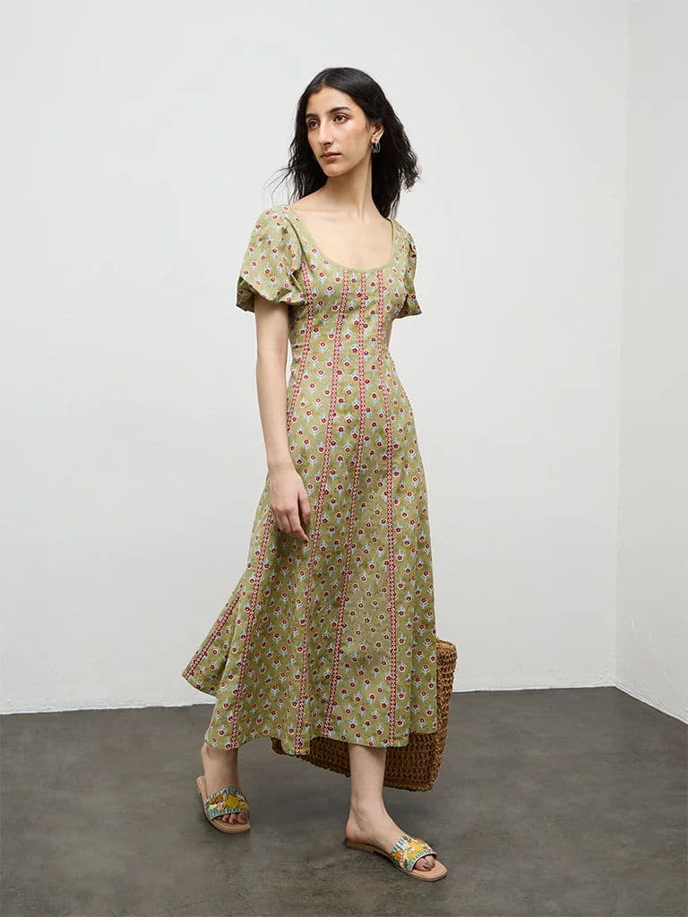 Bombay Paisley Green Printed A-Line Cotton-Blend Dress — photo 2