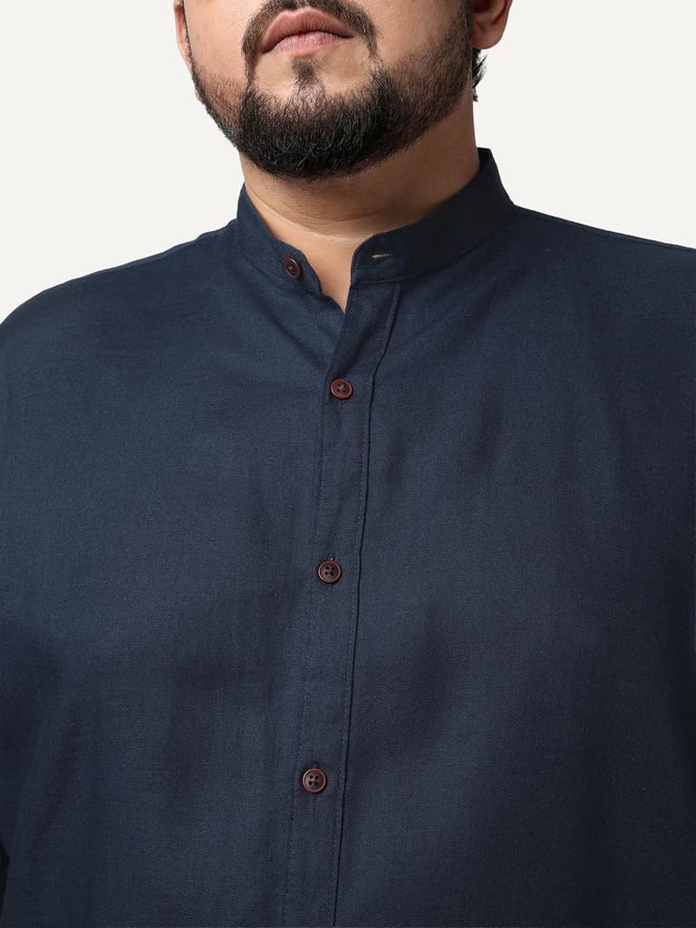 Plus Men's Navy Linen Blend Full Sleeve Relaxed Fit Mandarin Collar Casual Solid Shirt — photo 5