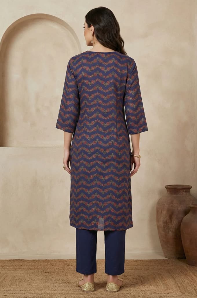 Navy Blue Chevron Beadwork Straight Kurta — photo 5