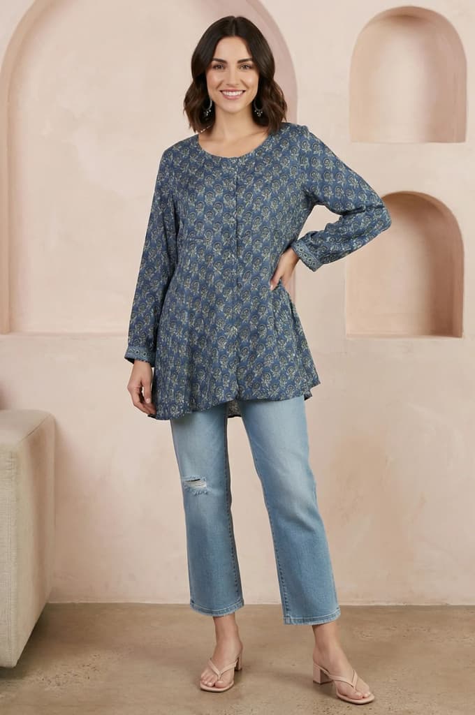Blue Block Printed Modal Satin A-line Top — photo 3