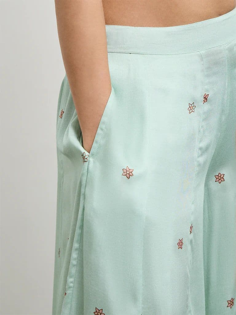 Zuba Aqua Floral Printed Palazzos — photo 3