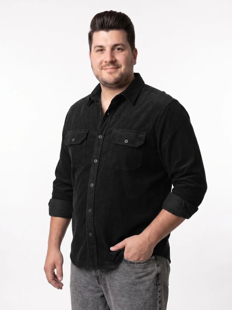 Plus Men's Black Corduroy Full Sleeve Regular Fit Solid Overshirt with Utility Pockets — photo 2