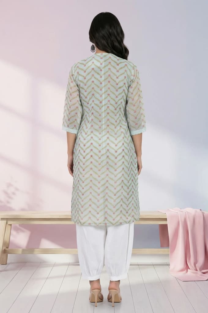 Mint Green Chevron Printed Kota Straight Kurta — photo 5