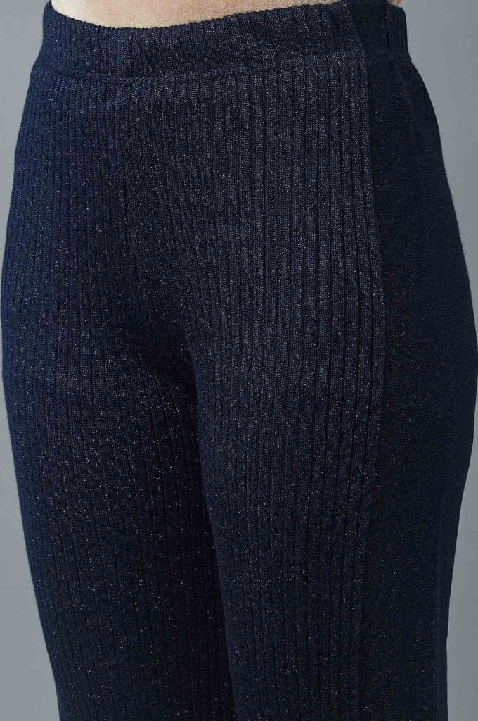 Navy Blue Solid Boot Cut Acrylic Palazzo With Elasticated Waist — photo 6