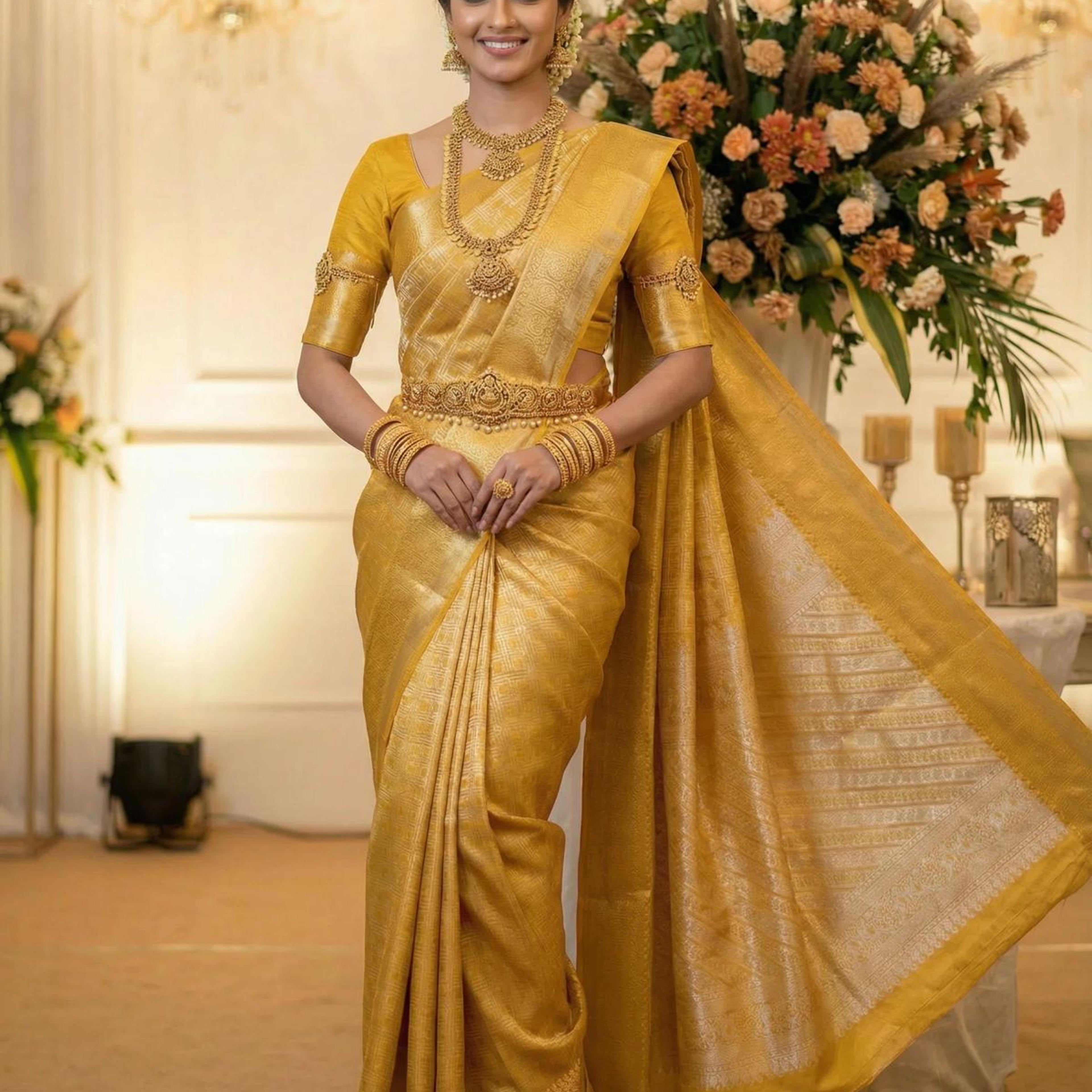 MIMOSA Women's Woven Design Kanjivaram Style Art Silk Saree with Blouse Piece - Gold (SA00001522GDFREE)