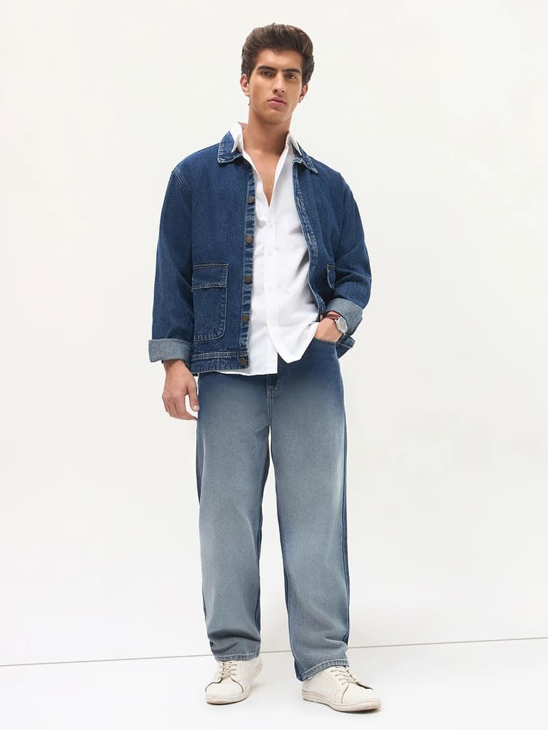 Men's Blue Loose Baggy Fit Heavy Washed Faded Denim Jeans Non-Stretchable — photo 4