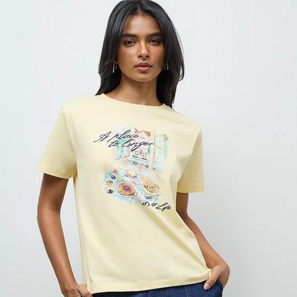 LOV Light Yellow Graphic Printed Cotton T-Shirt